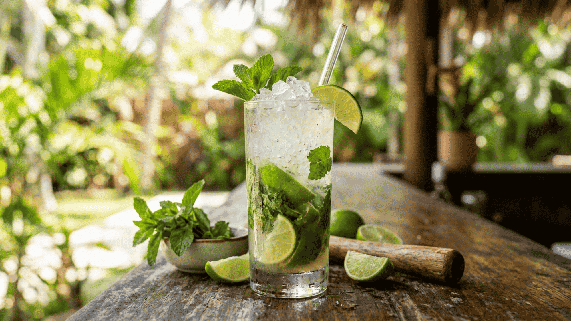 Fresh Mojito with mint, lime, and crushed ice served on a rustic tropical wooden bar table.