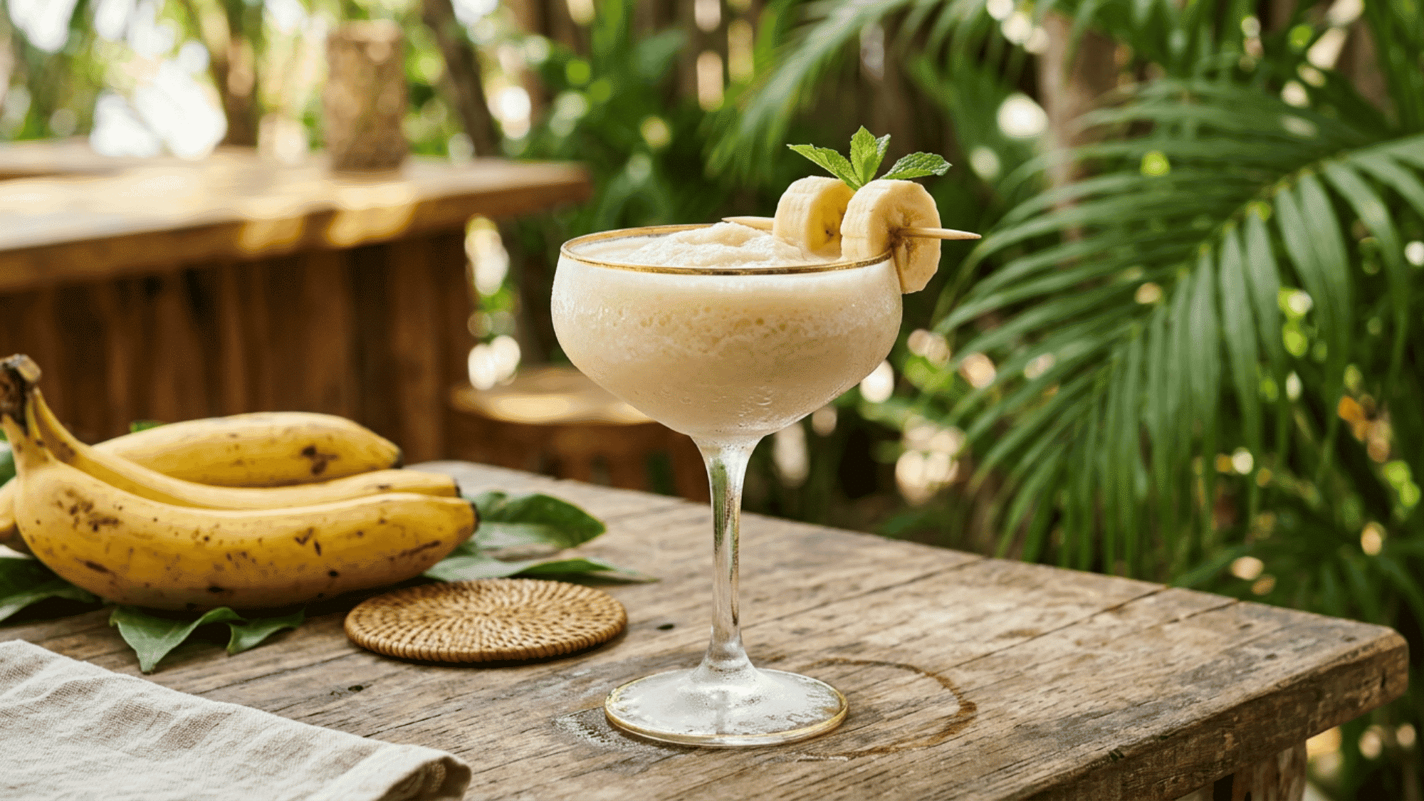 Frozen Banana Daiquiri with banana garnish served in a coupe glass on a rustic tropical wooden table.