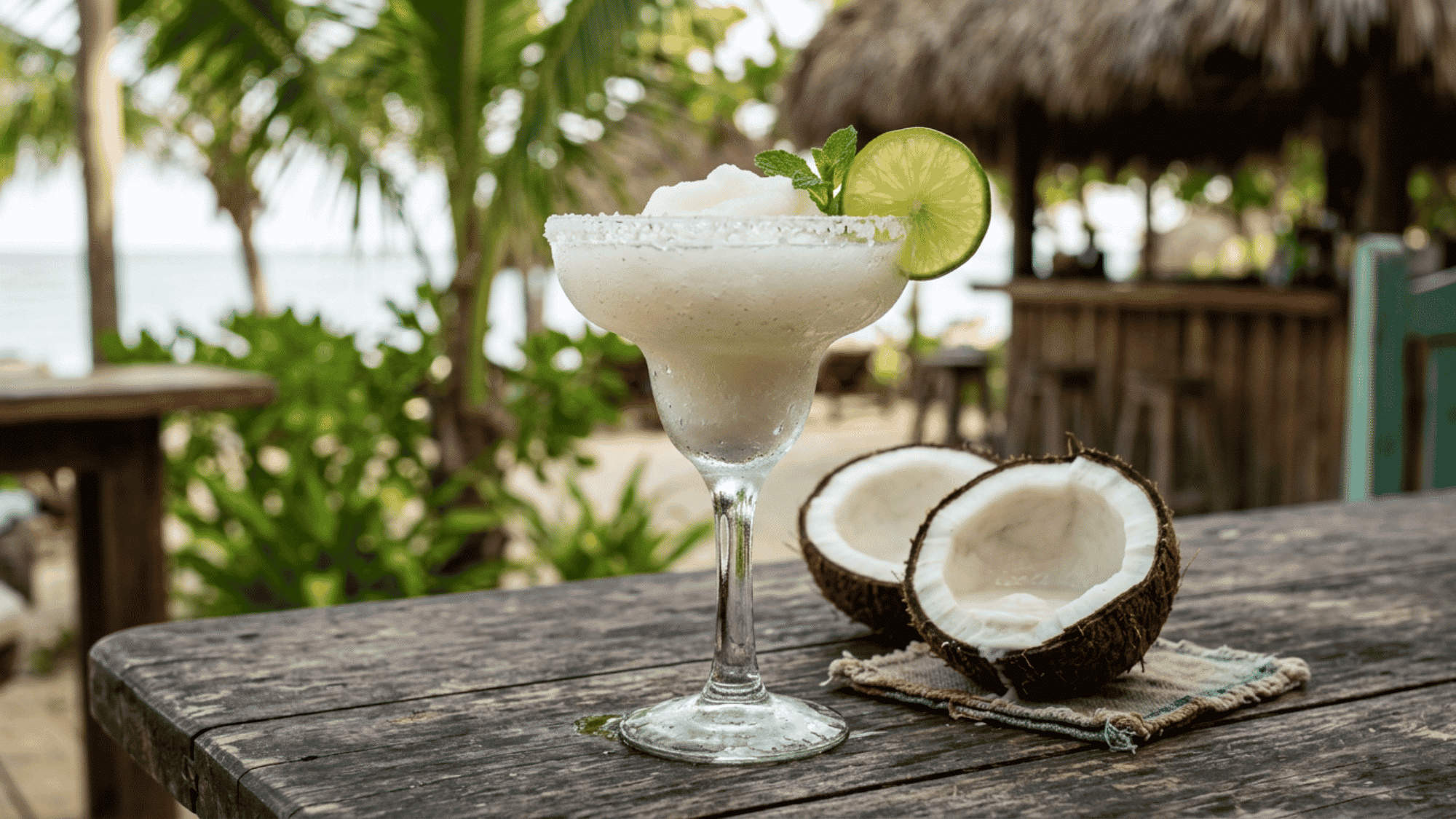 Frozen Coconut Margarita with lime garnish and salted rim beside fresh coconut on a tropical beach table.