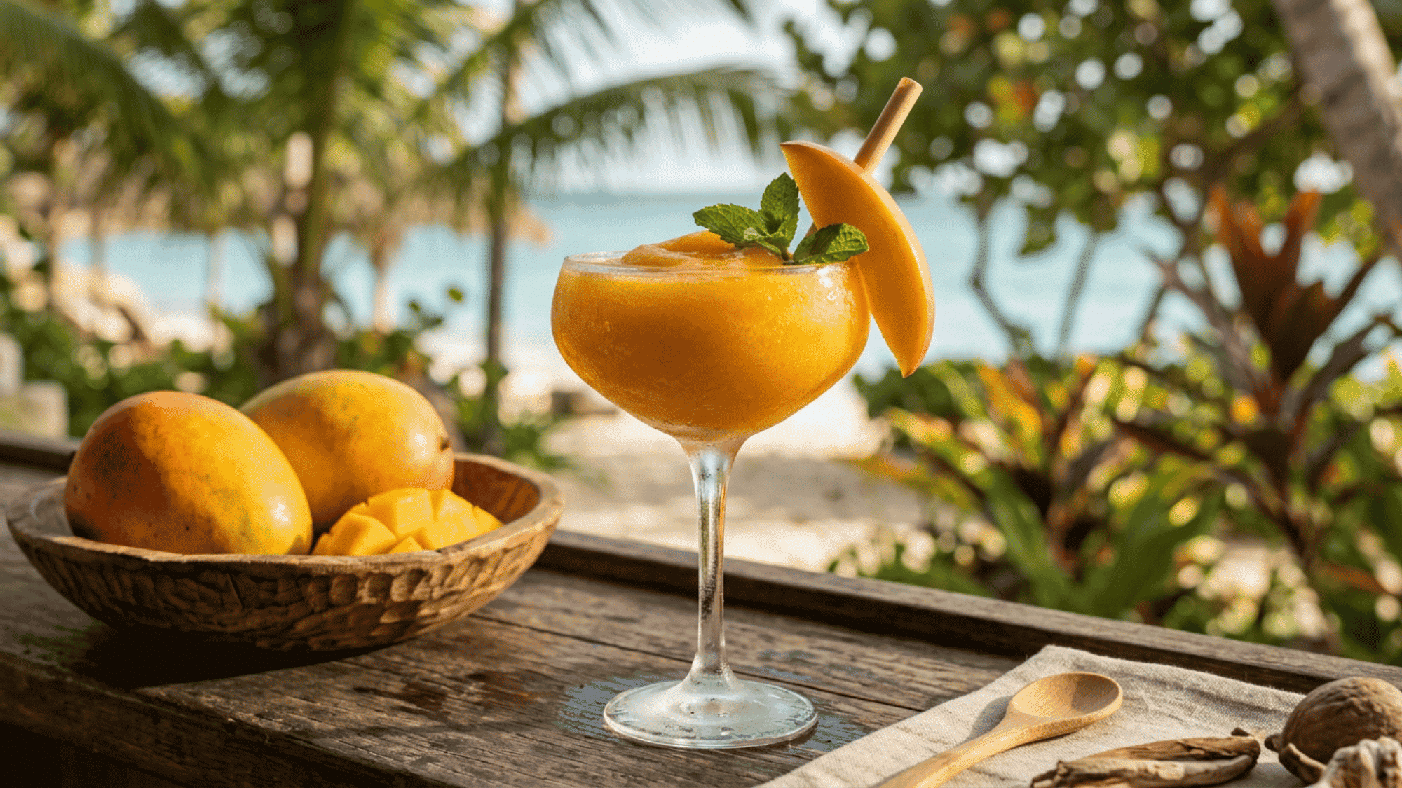 Frozen Mango Daiquiri with fresh mango garnish served on a rustic beachside table with ripe mangoes.
