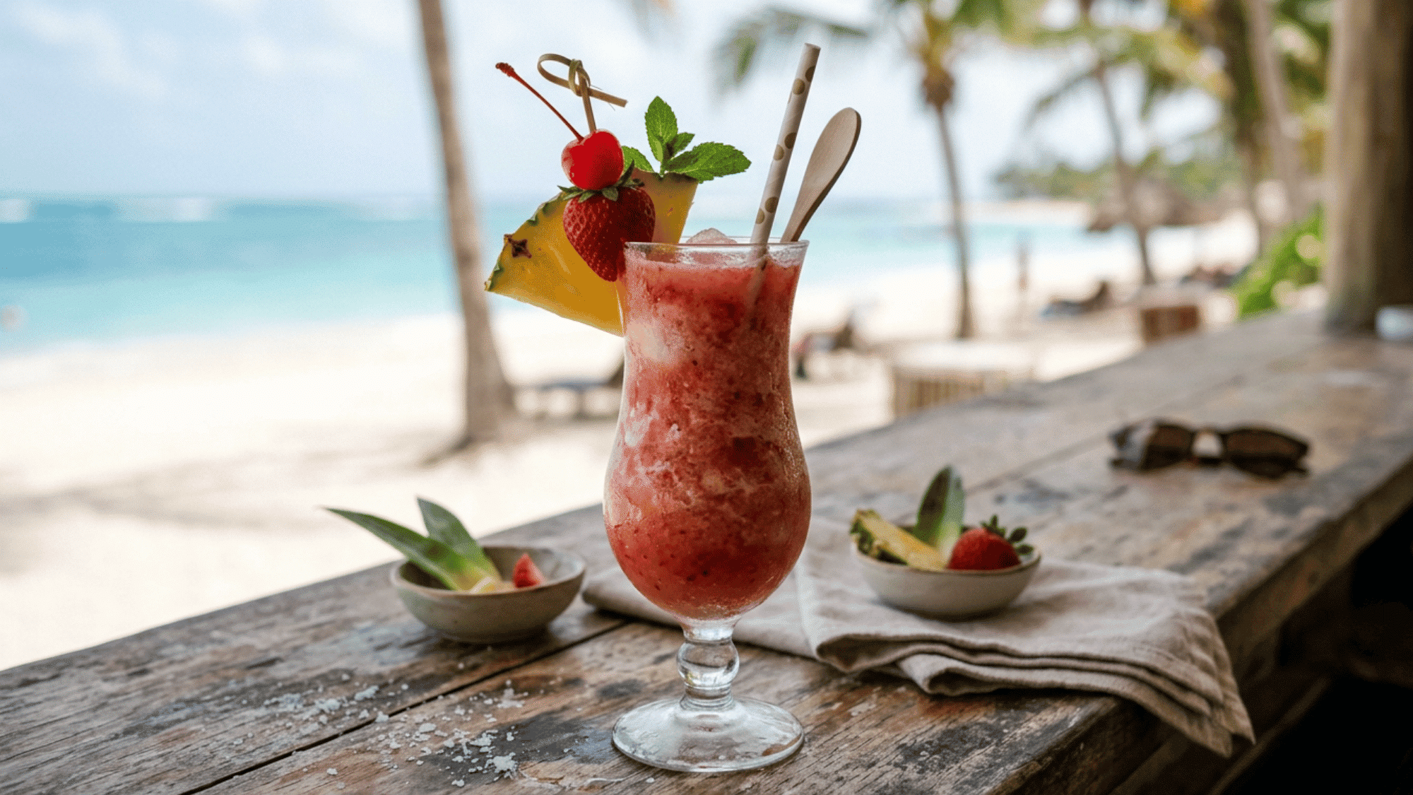 Frozen Strawberry Piña Colada with strawberry, pineapple, and cherry garnish on a beachside table.