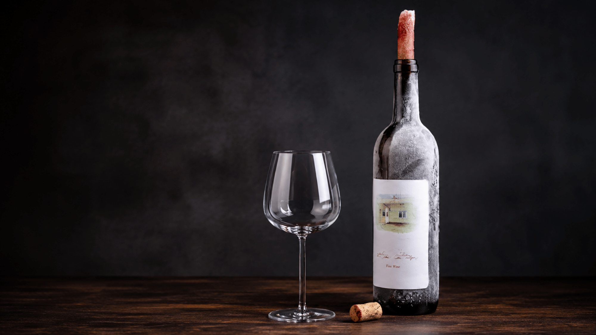 Frozen wine bottle with an empty wine glass and cork on a dark wooden tabletop.