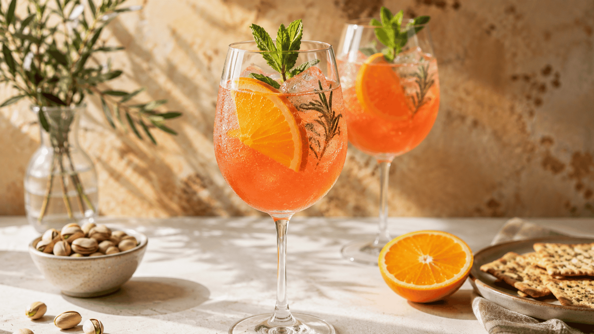 fruit and herb spritz with orange slices, mint, rosemary, ice, nuts, and crackers