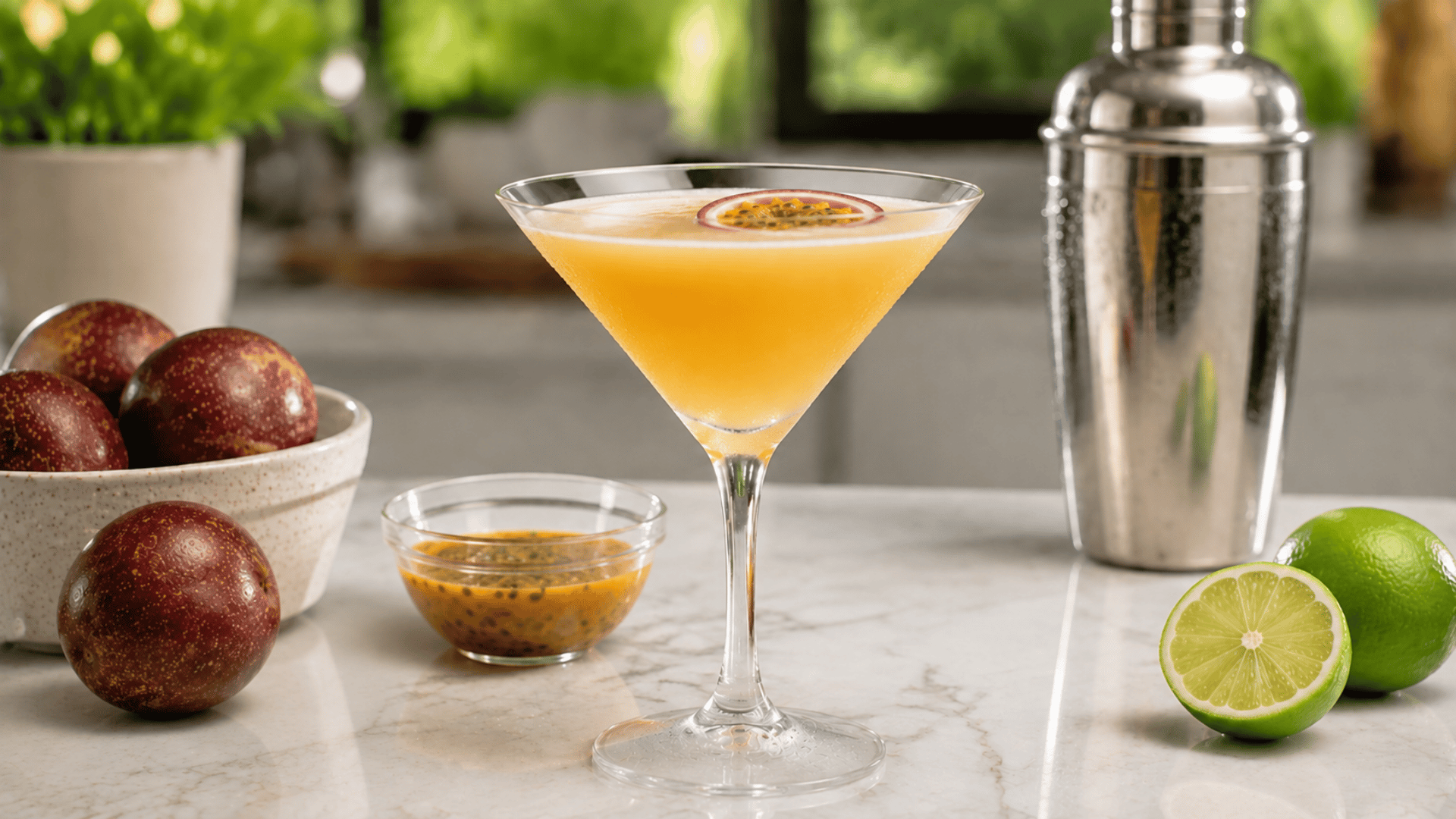 Chilled passion fruit martini garnished with fresh passion fruit on a marble countertop with cocktail shaker nearby.