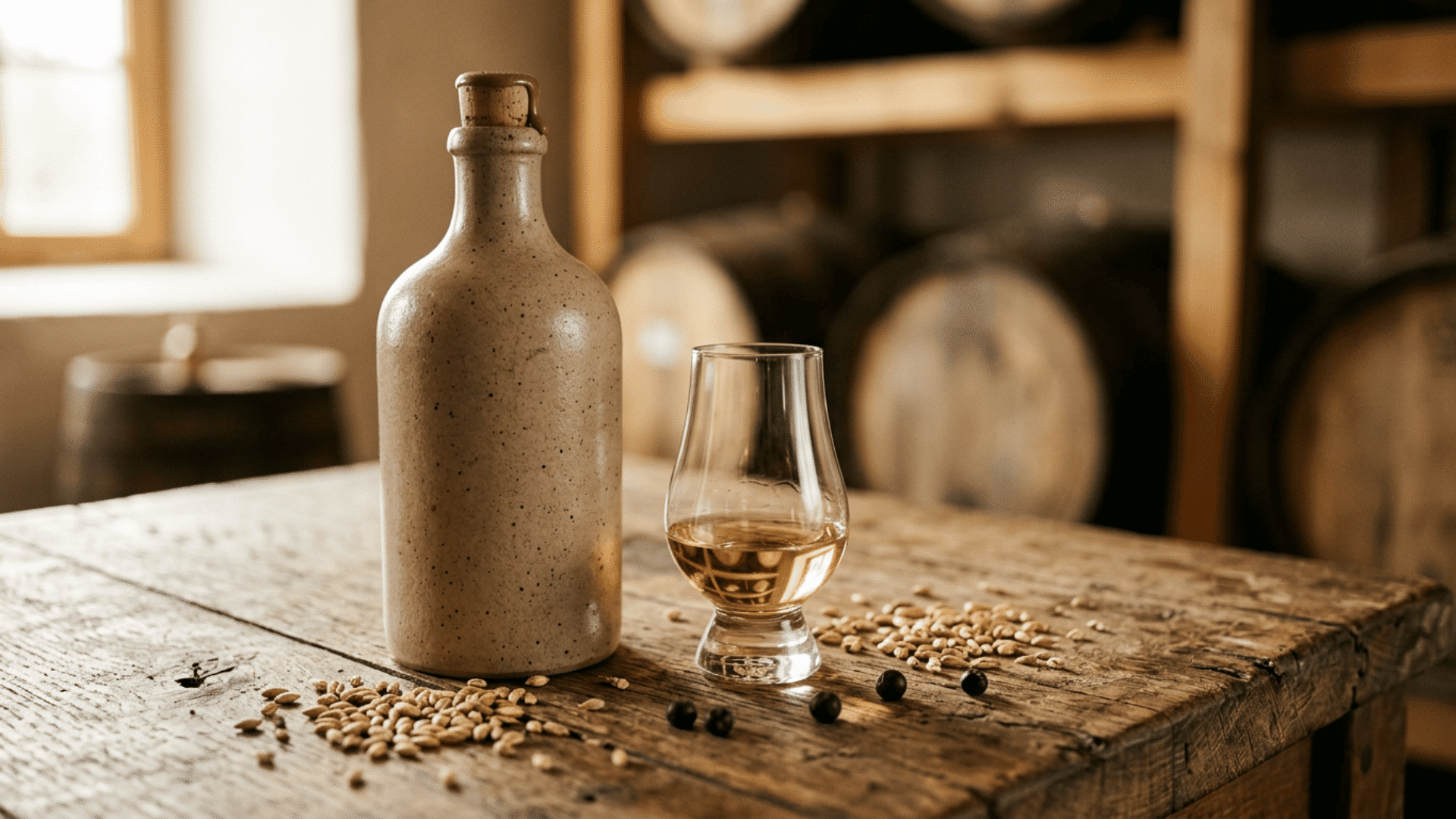 plain genever bottle beside a tulip glass with pale golden spirit, malt grains, and juniper