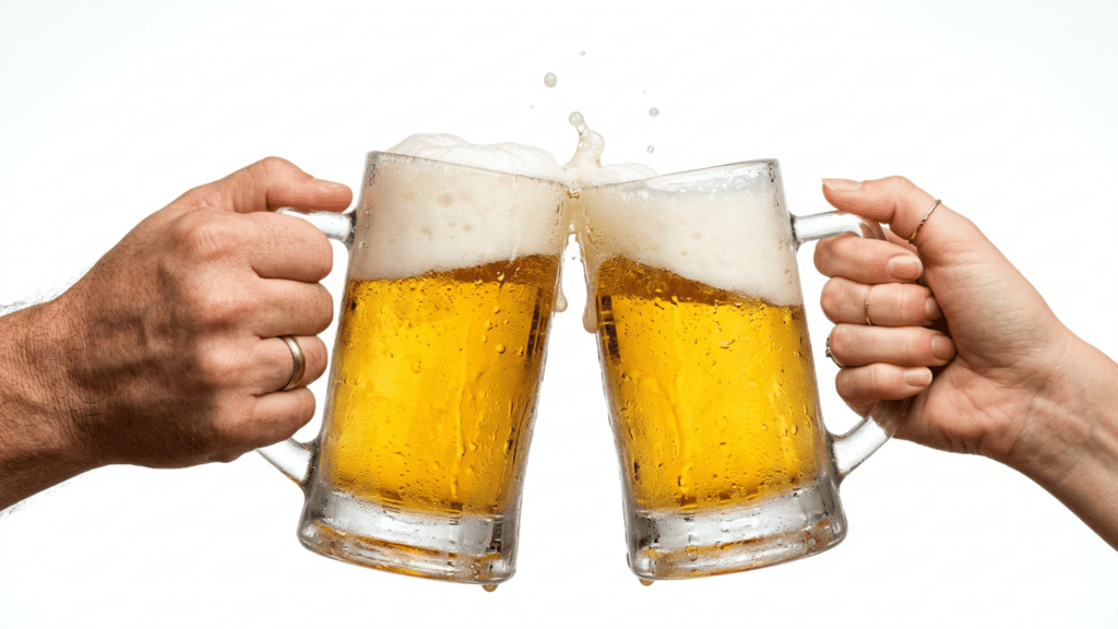 two chilled beer mugs clinking together against a white background