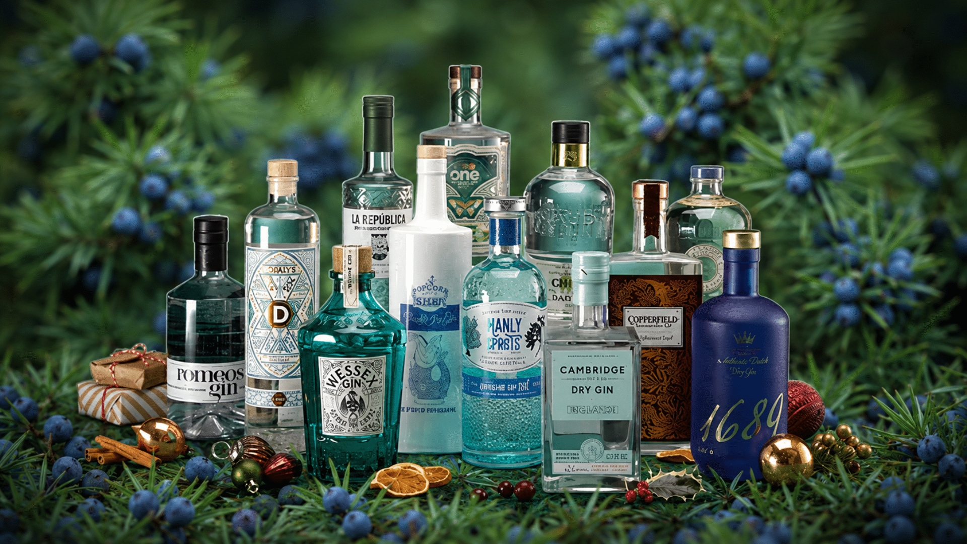 Gin bottles arranged with blurred juniper berries and green foliage background in a realistic product display
