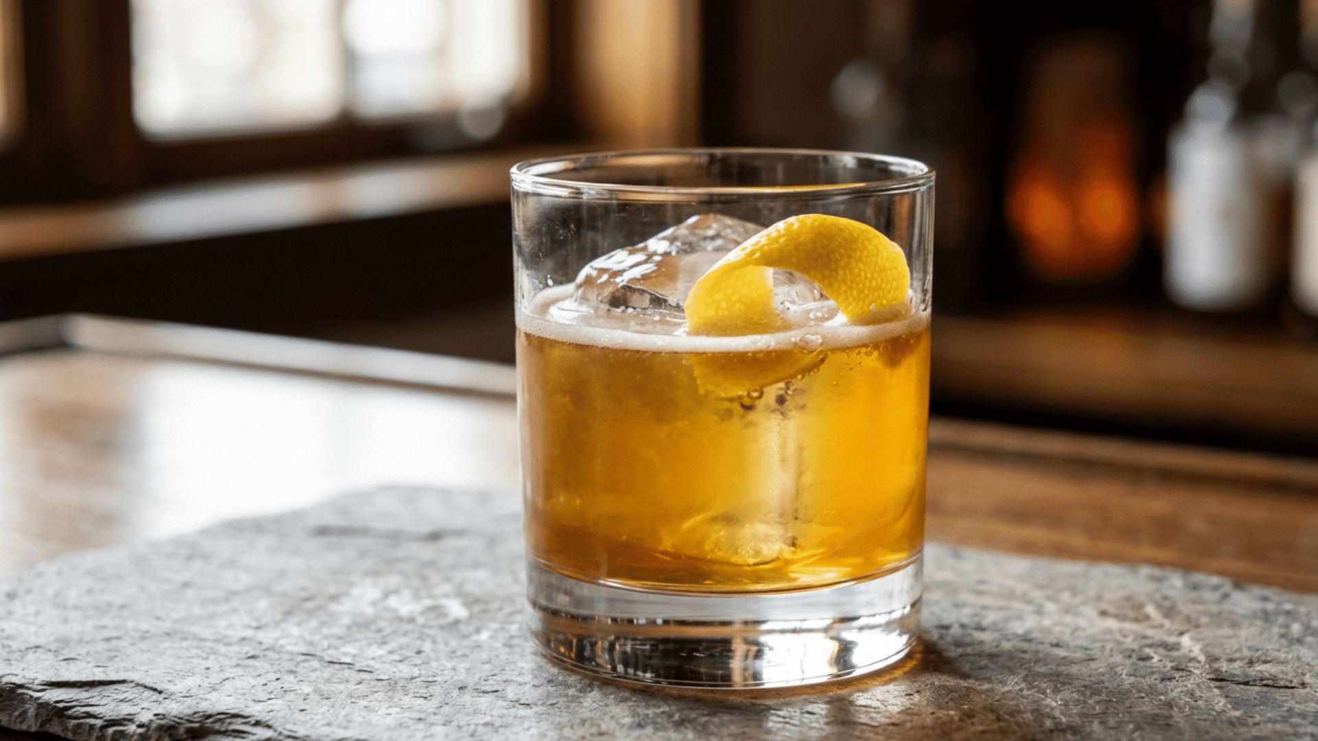 Gold Rush cocktail with lemon over ice