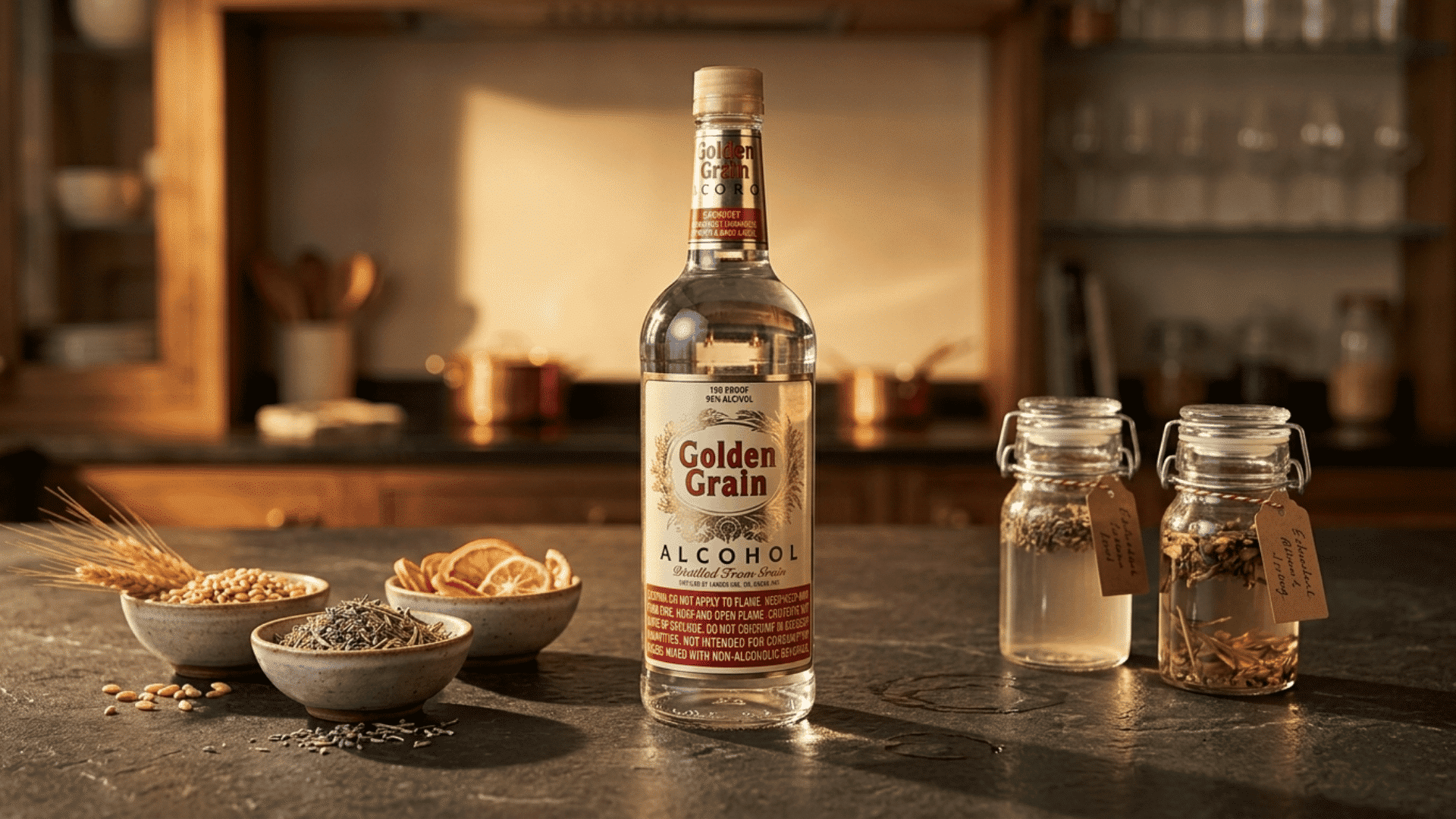 golden grain bottle with dried citrus, herbs, wheat, and two glass infusion jars