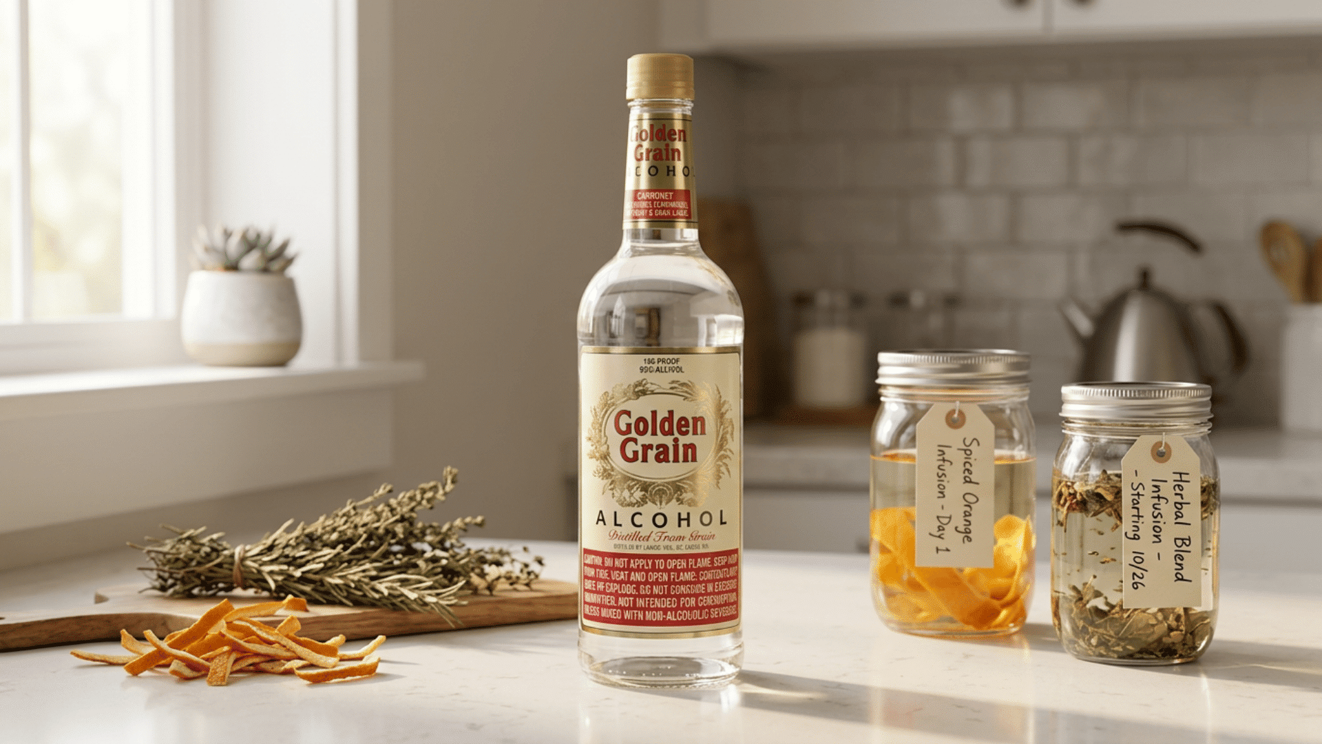 golden grain bottle with orange peels, dried herbs and two infusion jars nearby