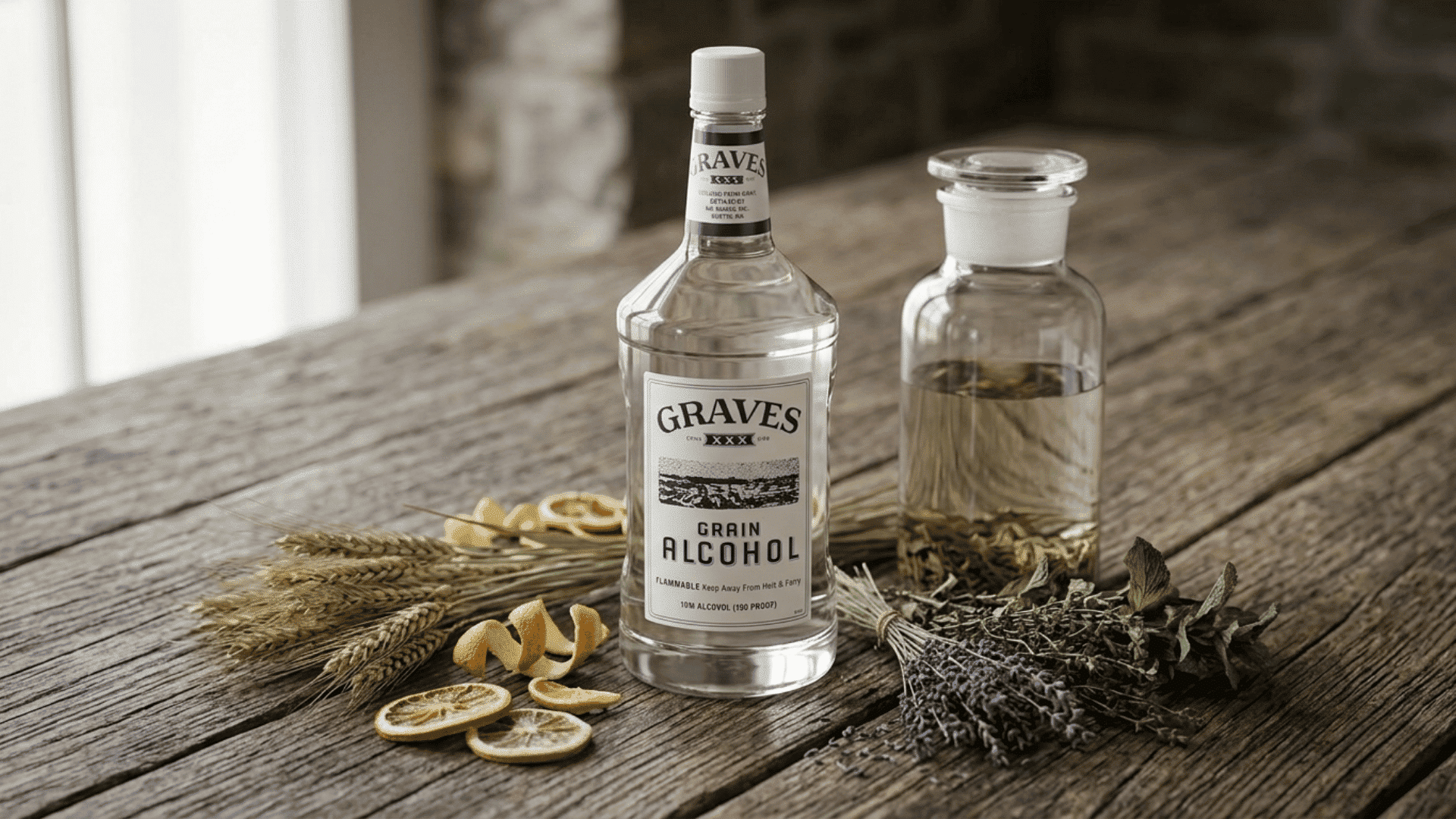 graves grain alcohol bottle with wheat, dried citrus, herbs, and infusion bottle