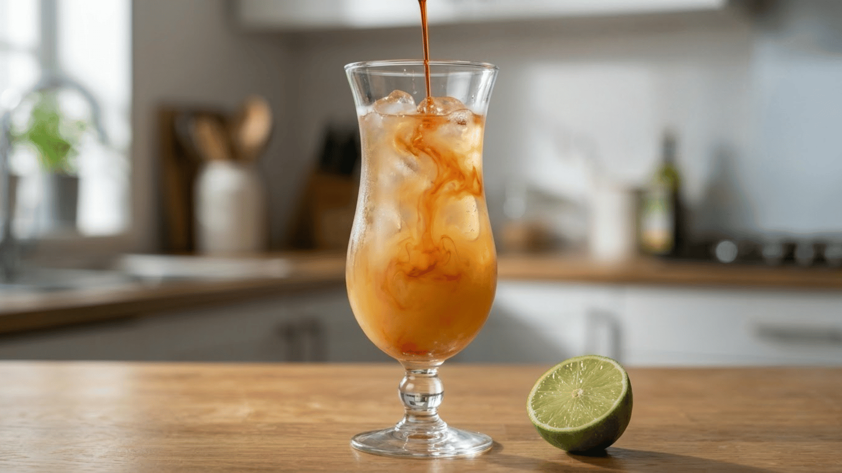 grenadine and fresh lime added to a colorful rum punch cocktail in a hurricane glass