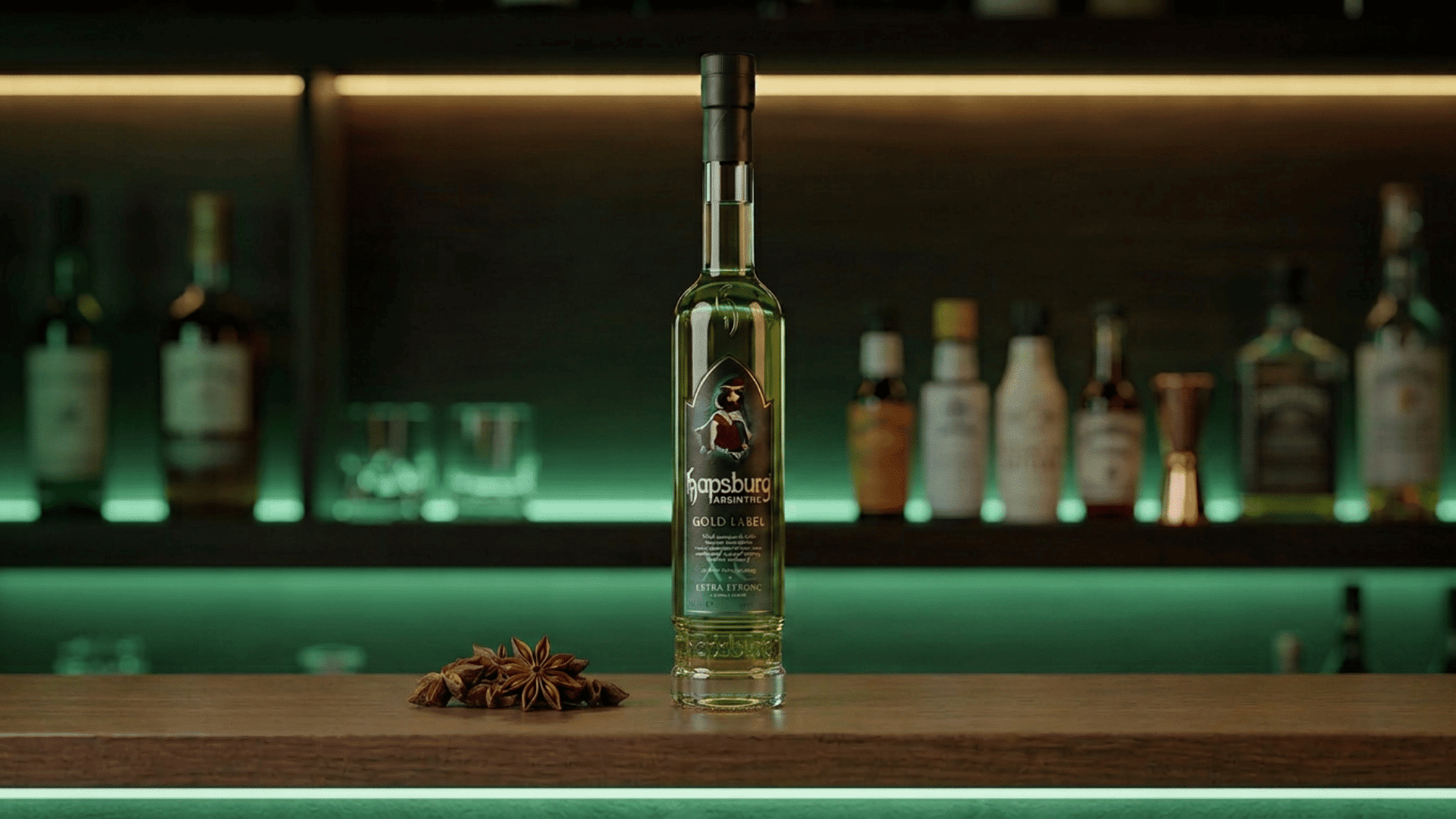 habsburg gold label absinthe bottle with star anise on a dark bar counter