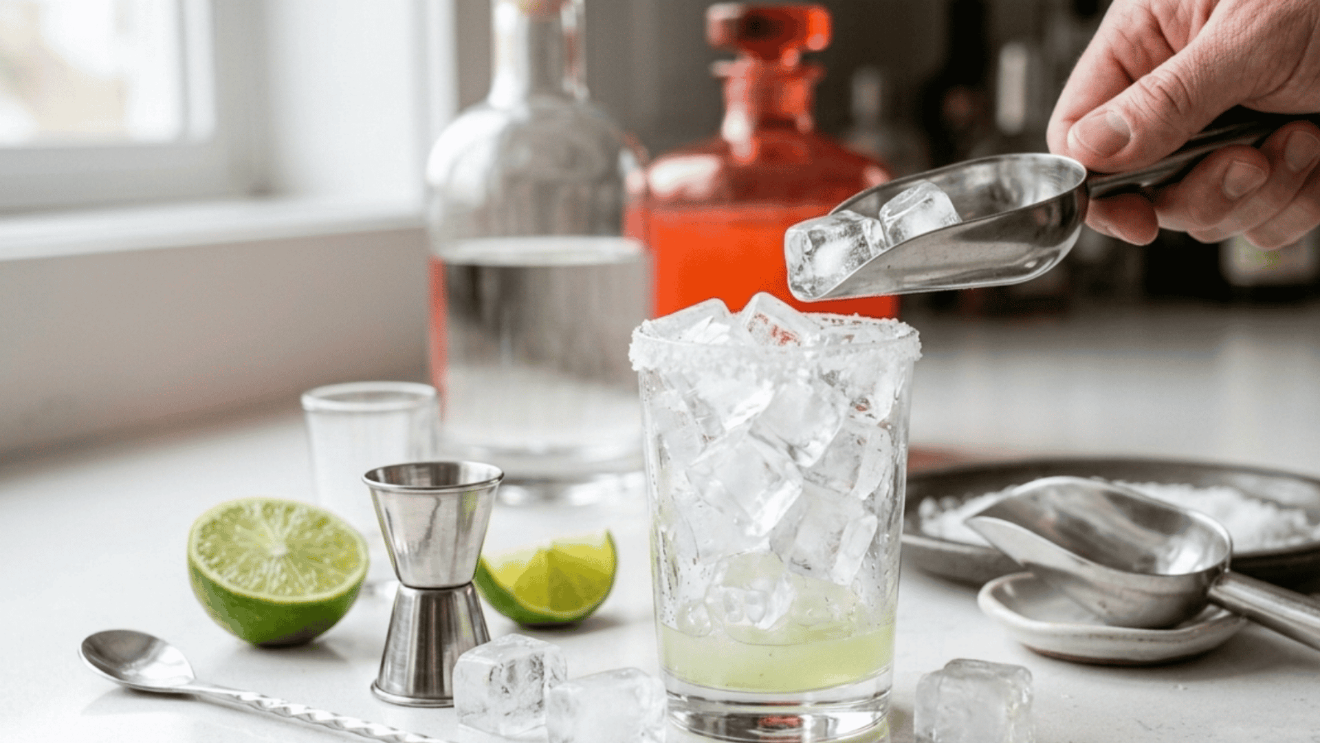 hand adding ice cubes to a salt-rimmed glass with lime juice.