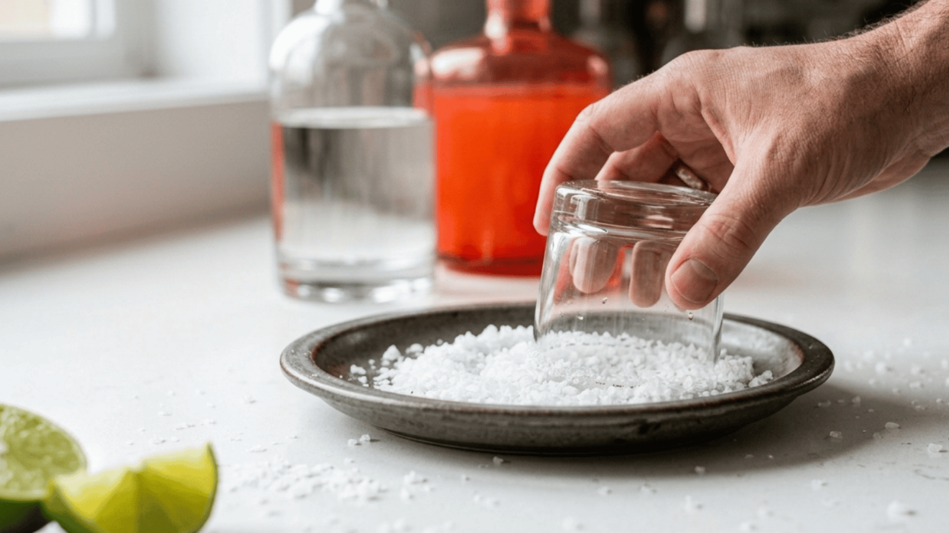 hand coating a glass rim with salt beside lime wedges and liquor bottles.