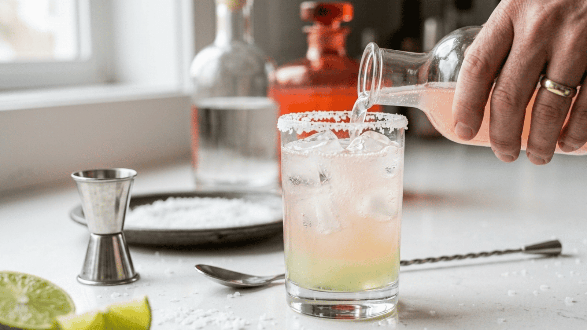hand pouring grapefruit soda into an ice-filled paloma glass.