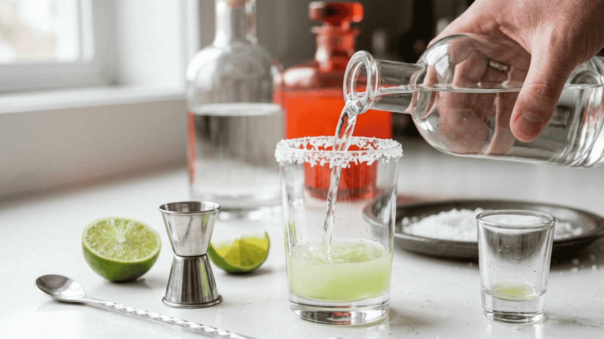 hand pouring tequila into a salt-rimmed glass with fresh lime juice.