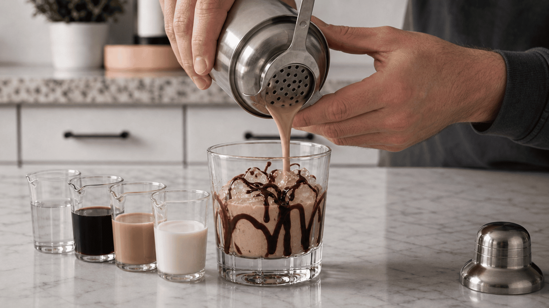 hands straining a creamy mudslide cocktail into an ice-filled glass with chocolate drizzle
