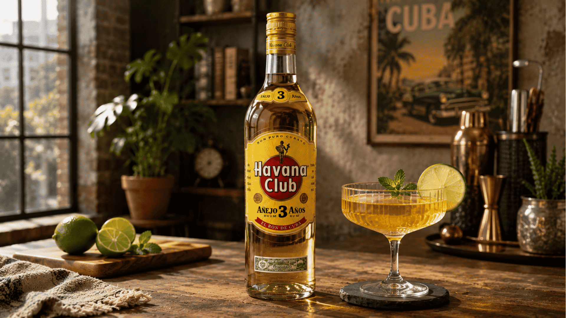 Havana Club Añejo 3 Años rum bottle beside a mojito with limes in a tropical setting.
