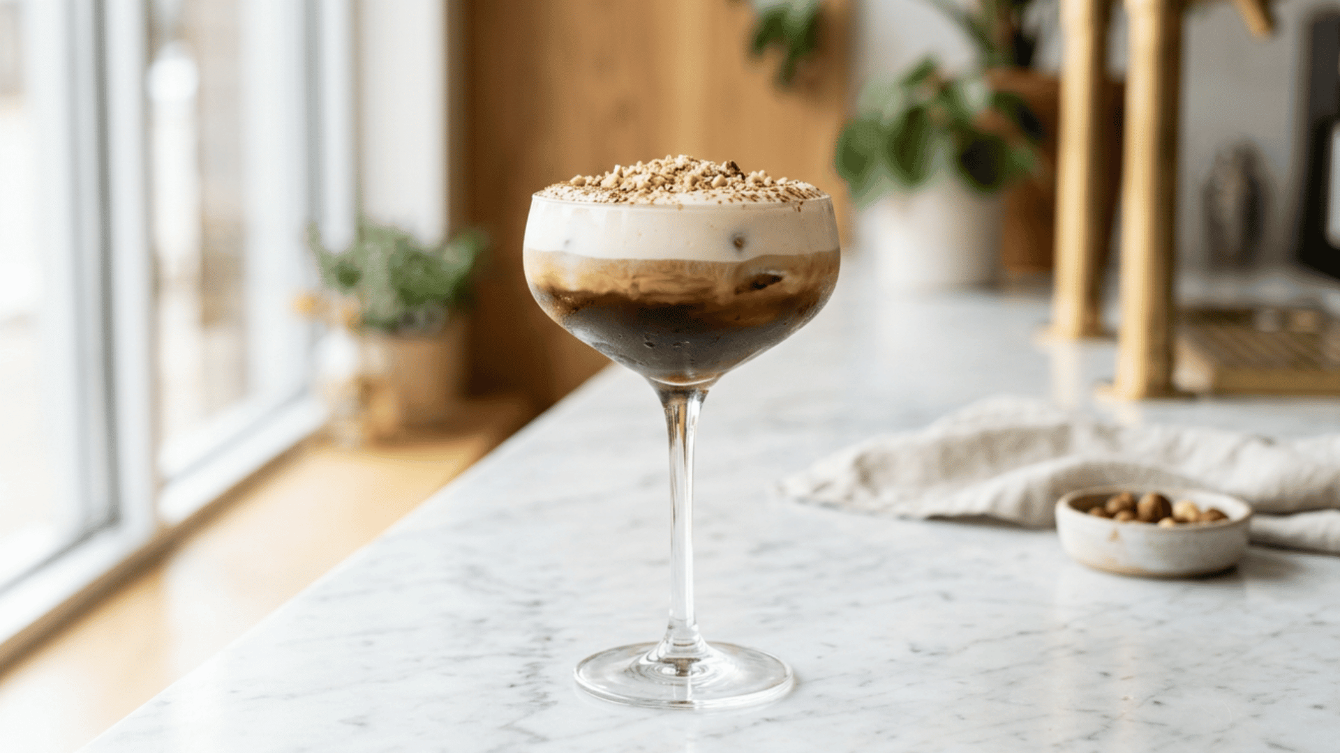 Hazelnut Coffee White Russian topped with grated hazelnut
