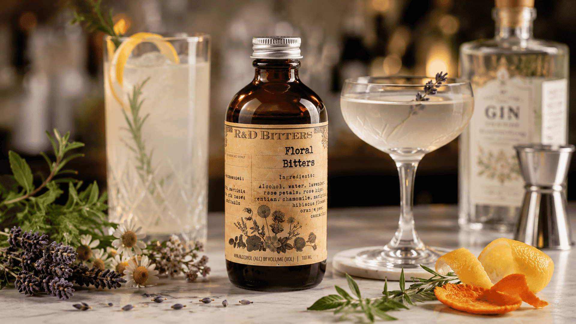 herbal floral bitters with lavender, tarragon, fresh herbs, and gin cocktails in a bright botanical setting