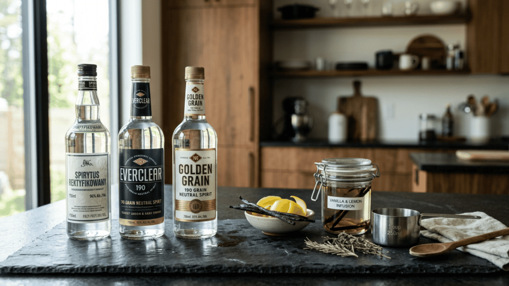 spirytus, everclear and golden grain bottles with infusion items on a counter