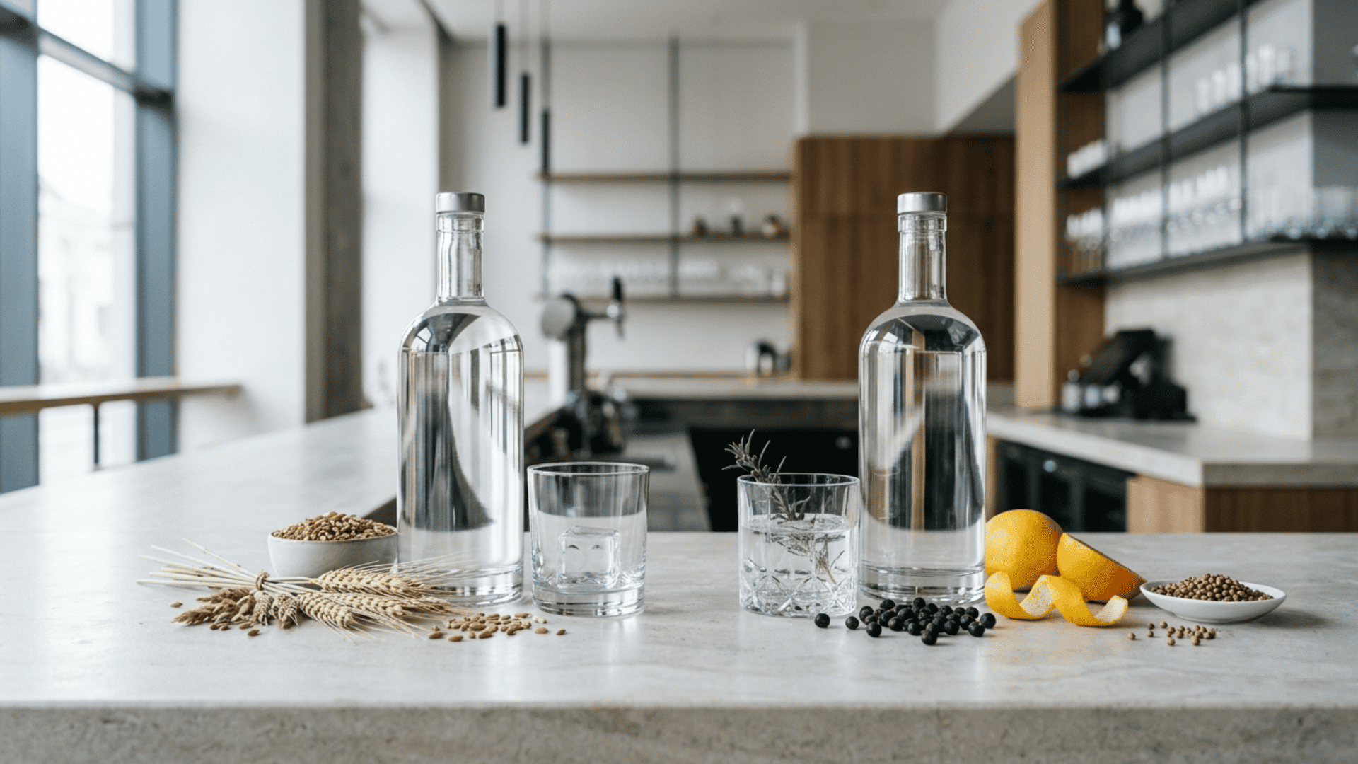 vodka and gin bottles with grain, citrus, juniper, and iced glasses in a kitchen.
