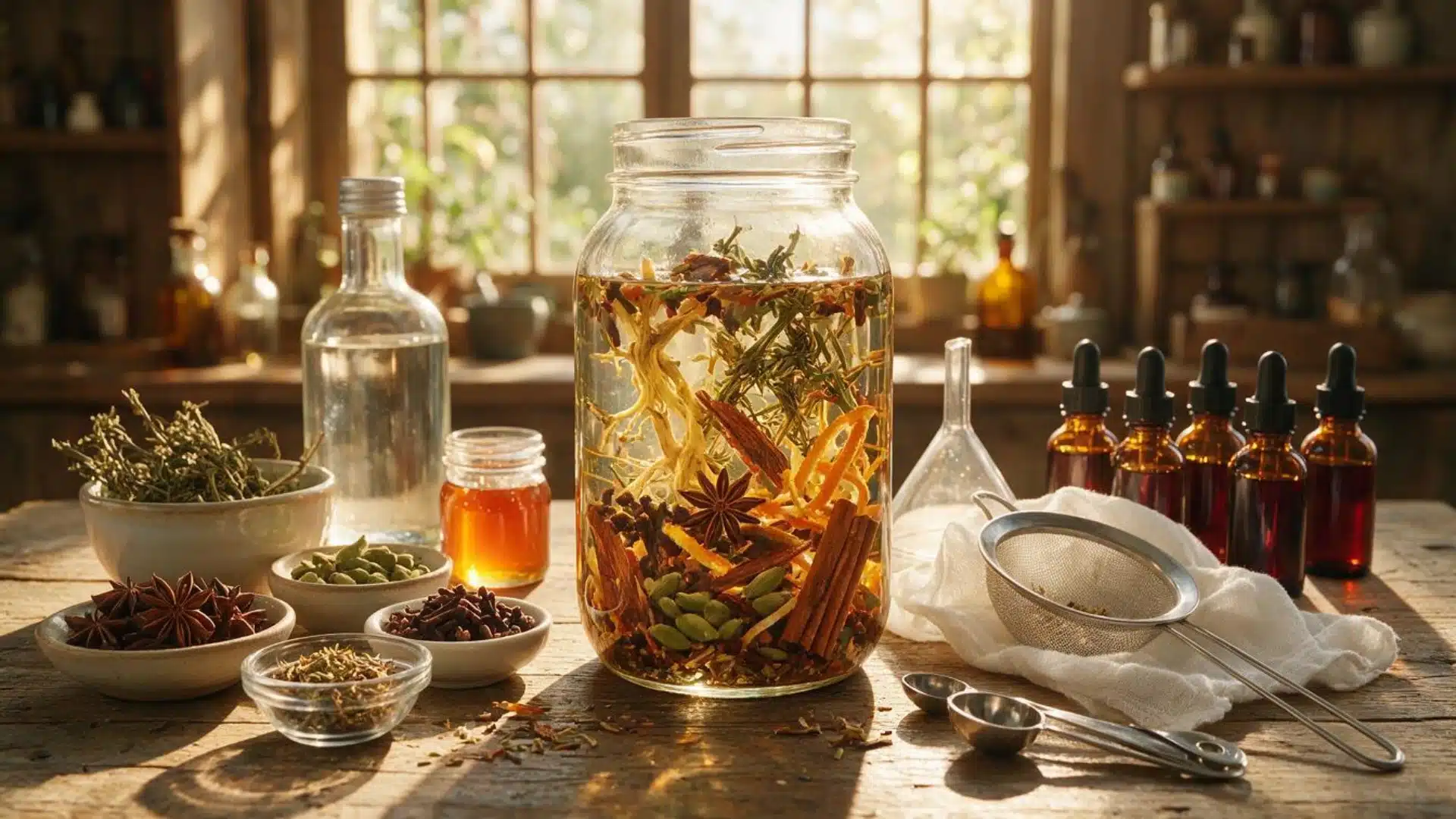 homemade bitters steeping in alcohol with gentian root, orange peel, spices, herbs, and amber bottles on a rustic table