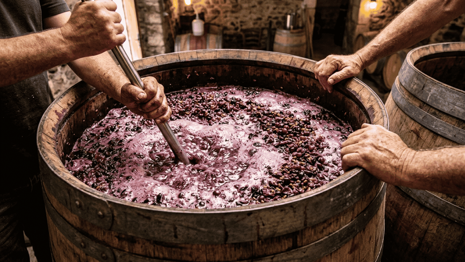 winemakers stirring fermenting red grapes in a large wooden vat