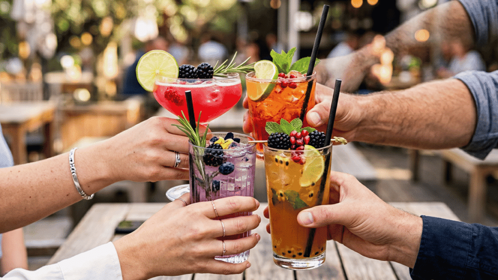 Group of friends enjoying drinks and food together at an outdoor pub table