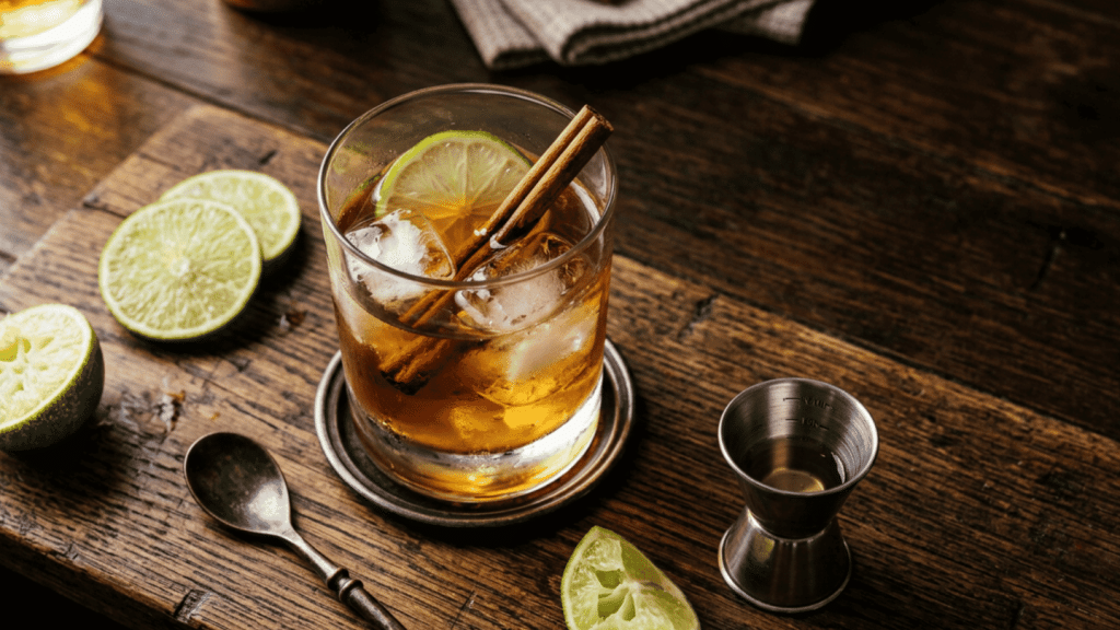 rum cocktail with ice, lime slices, cinnamon sticks, spoon, and metal jigger on wooden table