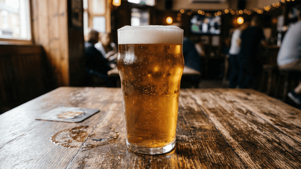 golden beer with a foamy head served on a wooden table inside a warmly lit pub