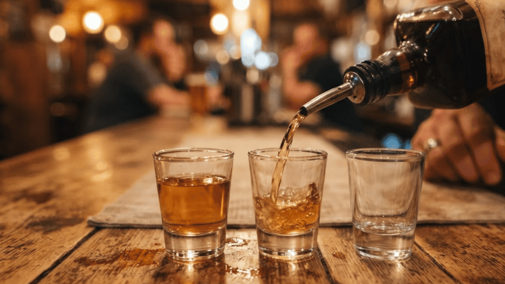 liquor being poured from a bottle into shot glasses on a wooden bar counter