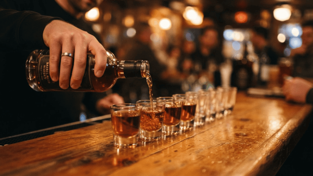liquor being poured from a bottle into a row of shot glasses across a wooden bar