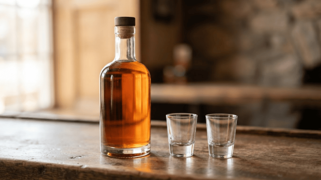 clear liquor bottle filled with amber spirit beside two empty shot glasses on a bar counter