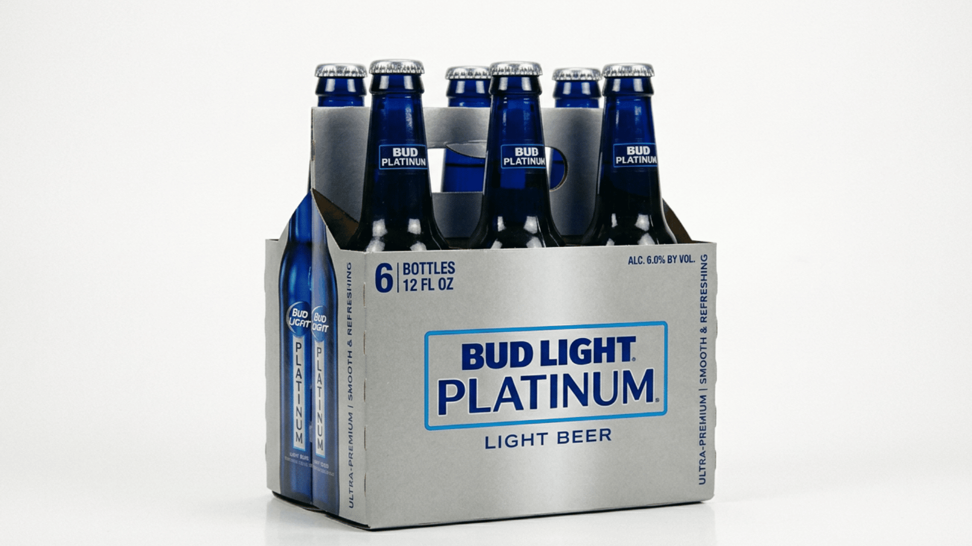 Six-pack of Bud Light Platinum 12-ounce bottles showing the 6% alcohol by volume label on packaging.