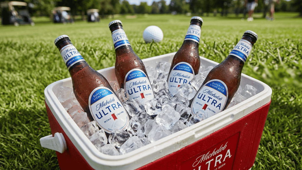 Michelob ULTRA beer bottles chilling in an ice-filled cooler on a golf course beside a golf ball