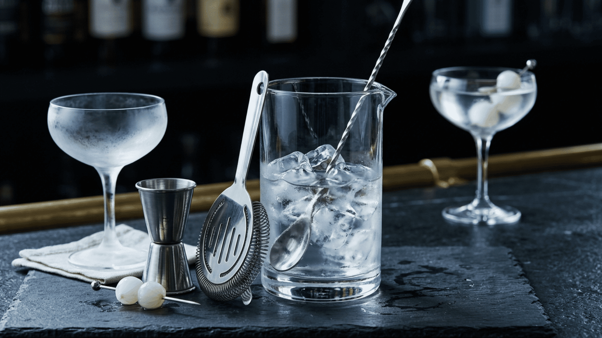 mixing glass with ice, bar tools, an empty coupe, and a finished Gibson cocktail