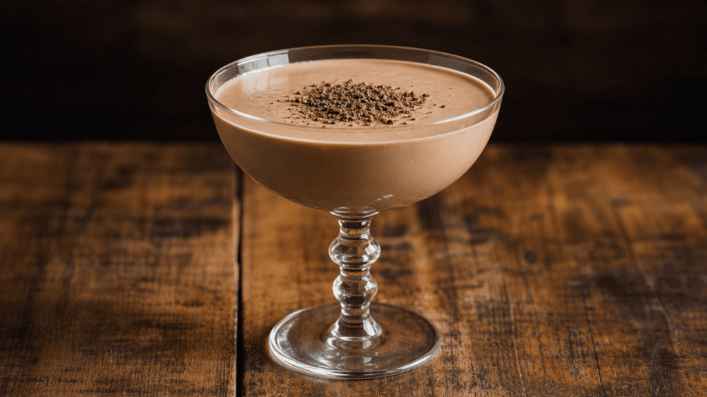 creamy mudslide cocktail in a coupe glass topped with chocolate shavings on a wooden table
