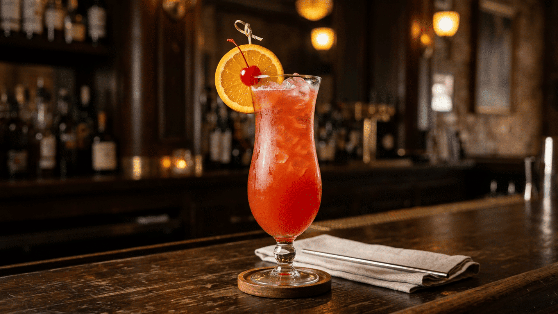 Hurricane cocktail in a curved glass with orange slice and cherry garnish.
