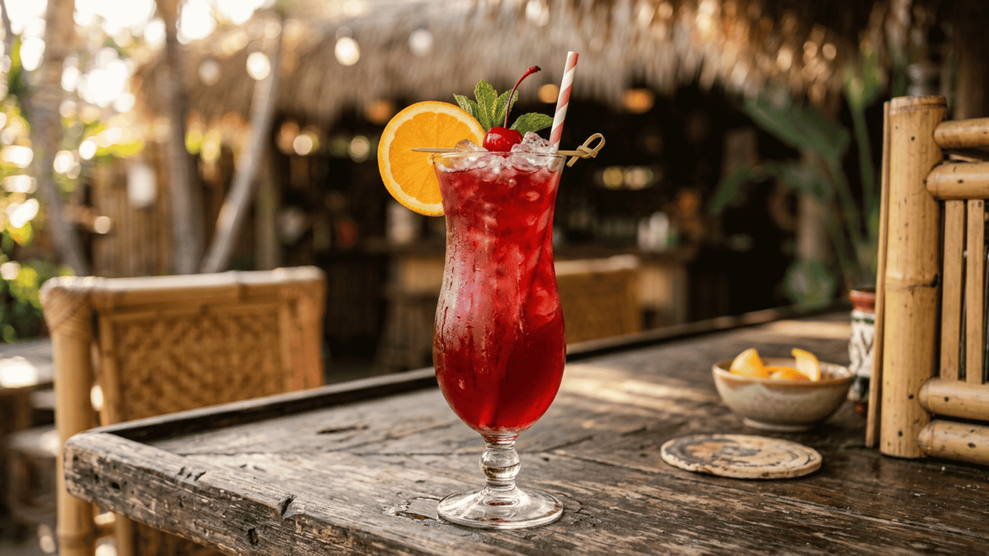 Hurricane cocktail with orange, mint, and cherry garnish served on a rustic tropical tiki bar.