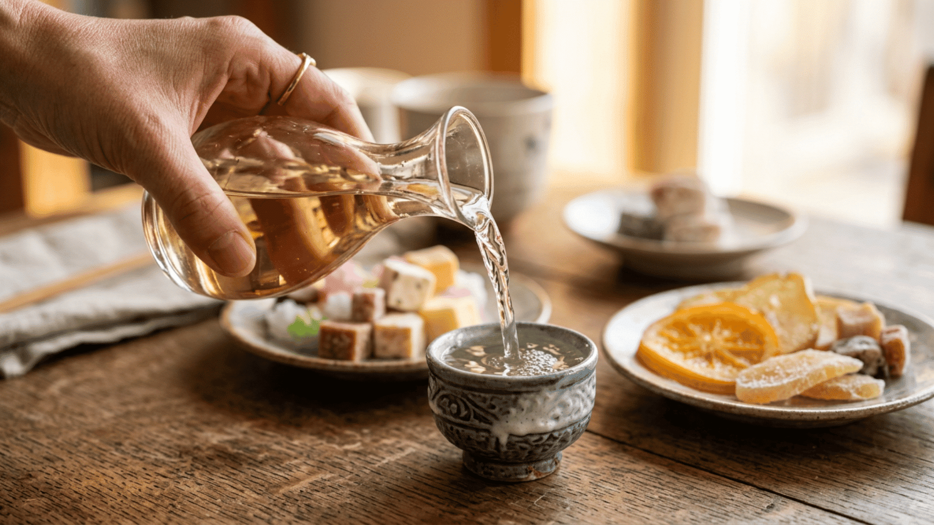 hand pours clear sake into a ceramic cup beside Japanese sweets on a rustic wooden table