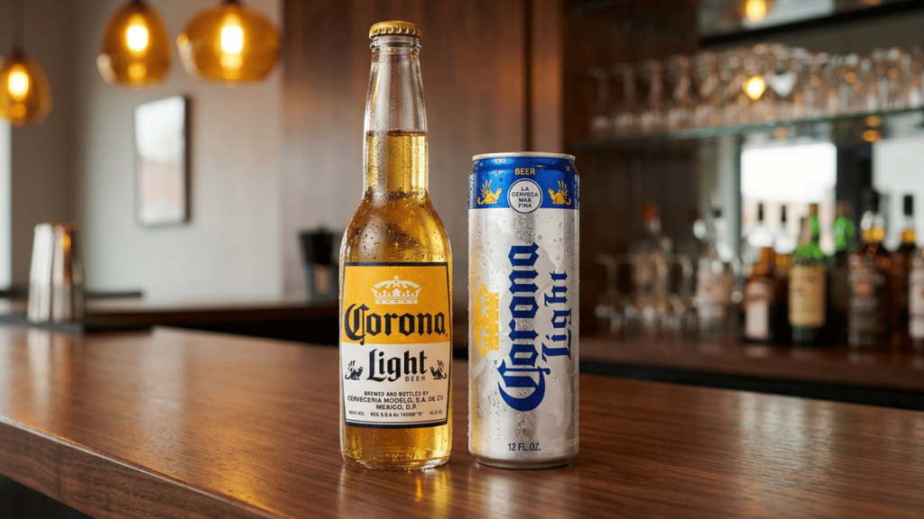 chilled Corona Light bottle and branded beer can displayed together on a polished wooden bar counter