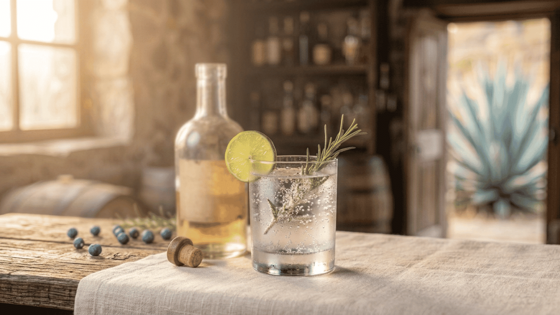 Glass of gin and tonic with citrus garnish in soft natural light