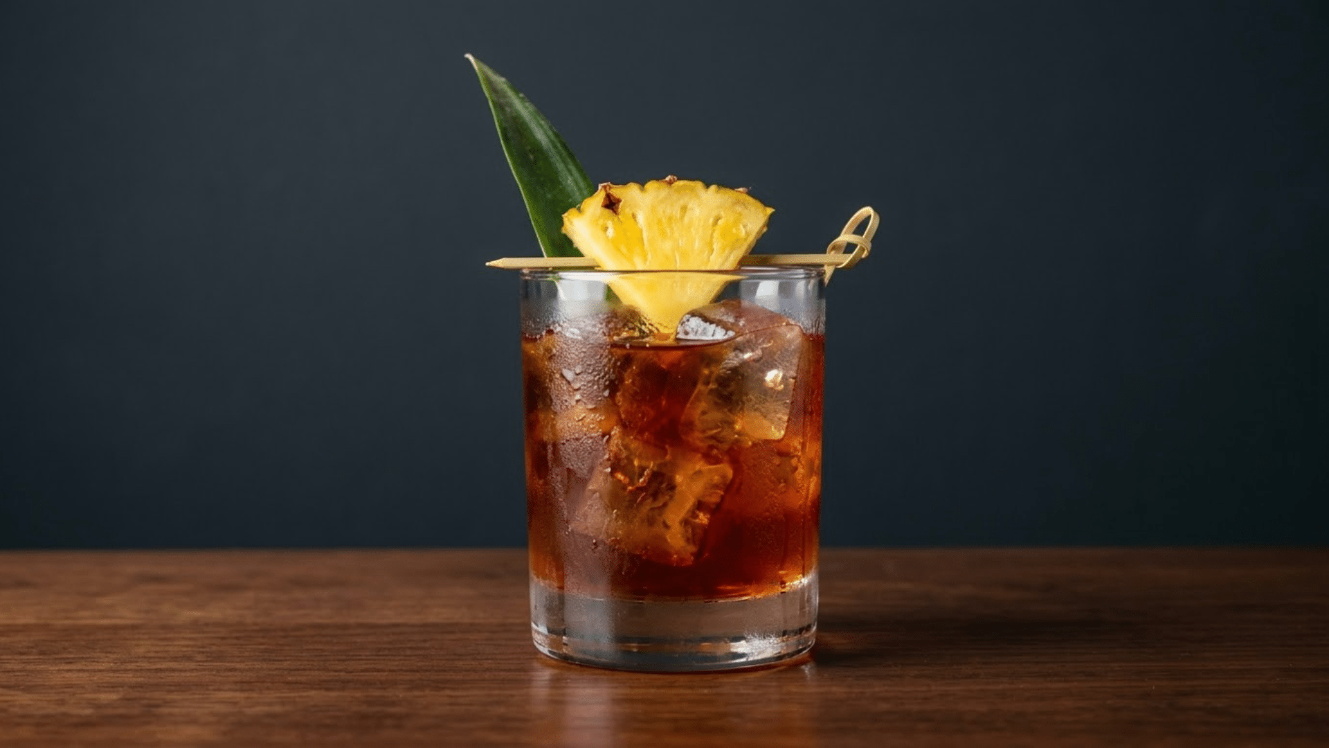 jungle bird cocktail with dark rum and pineapple juice garnished with pineapple leaf