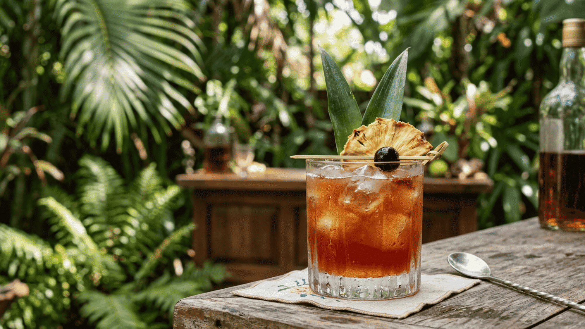 Jungle Bird cocktail with dried pineapple and cherry garnish on a rustic tropical wooden table.