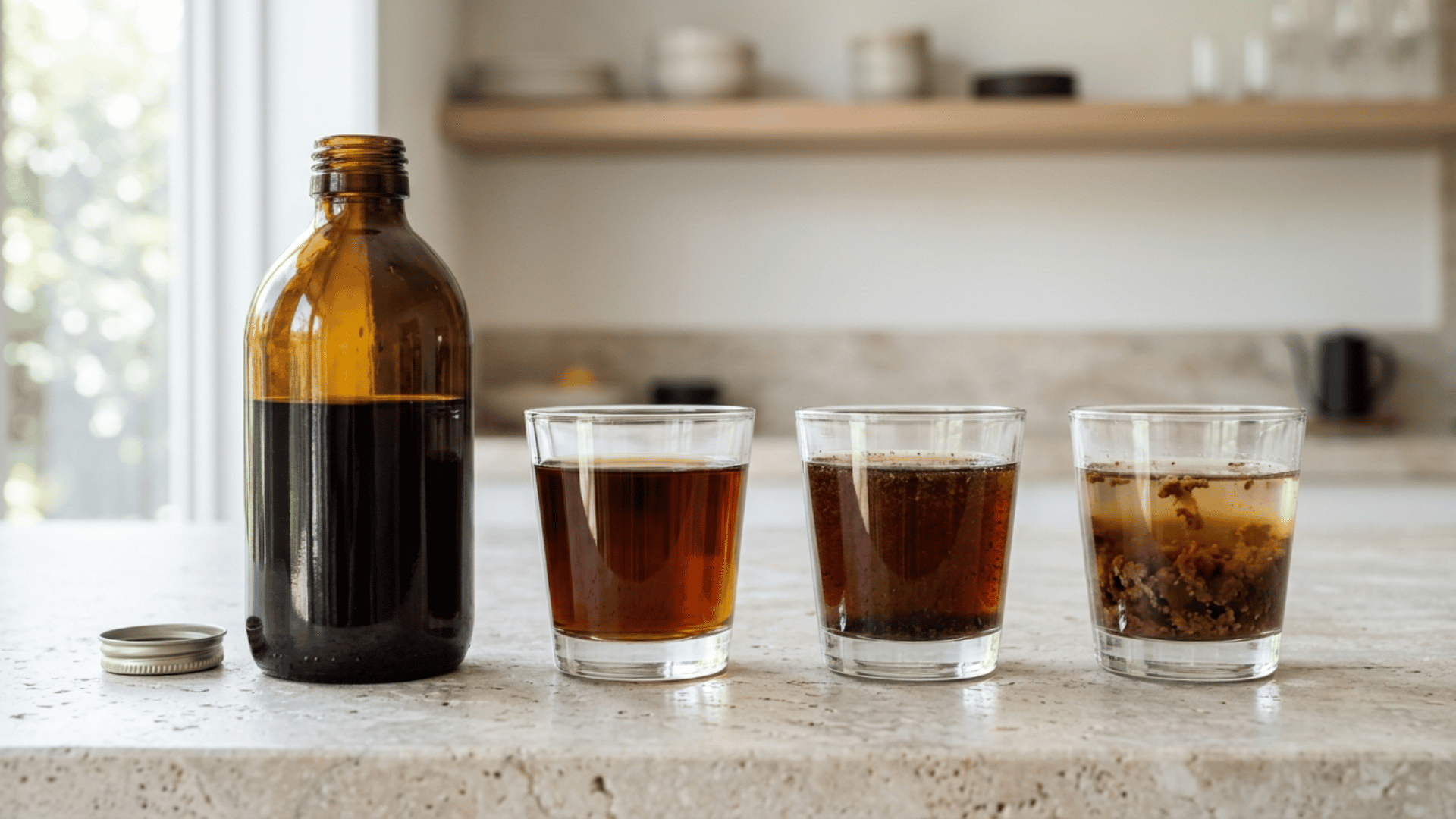 open brown bottle beside three glasses showing clear, cloudy, and clumped liquid
