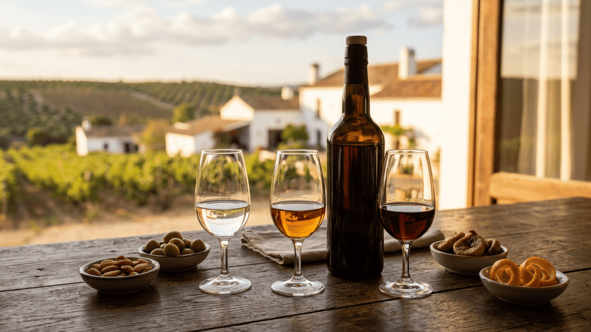 three sherry styles with an unlabeled bottle overlooking a sunny Spanish vineyard