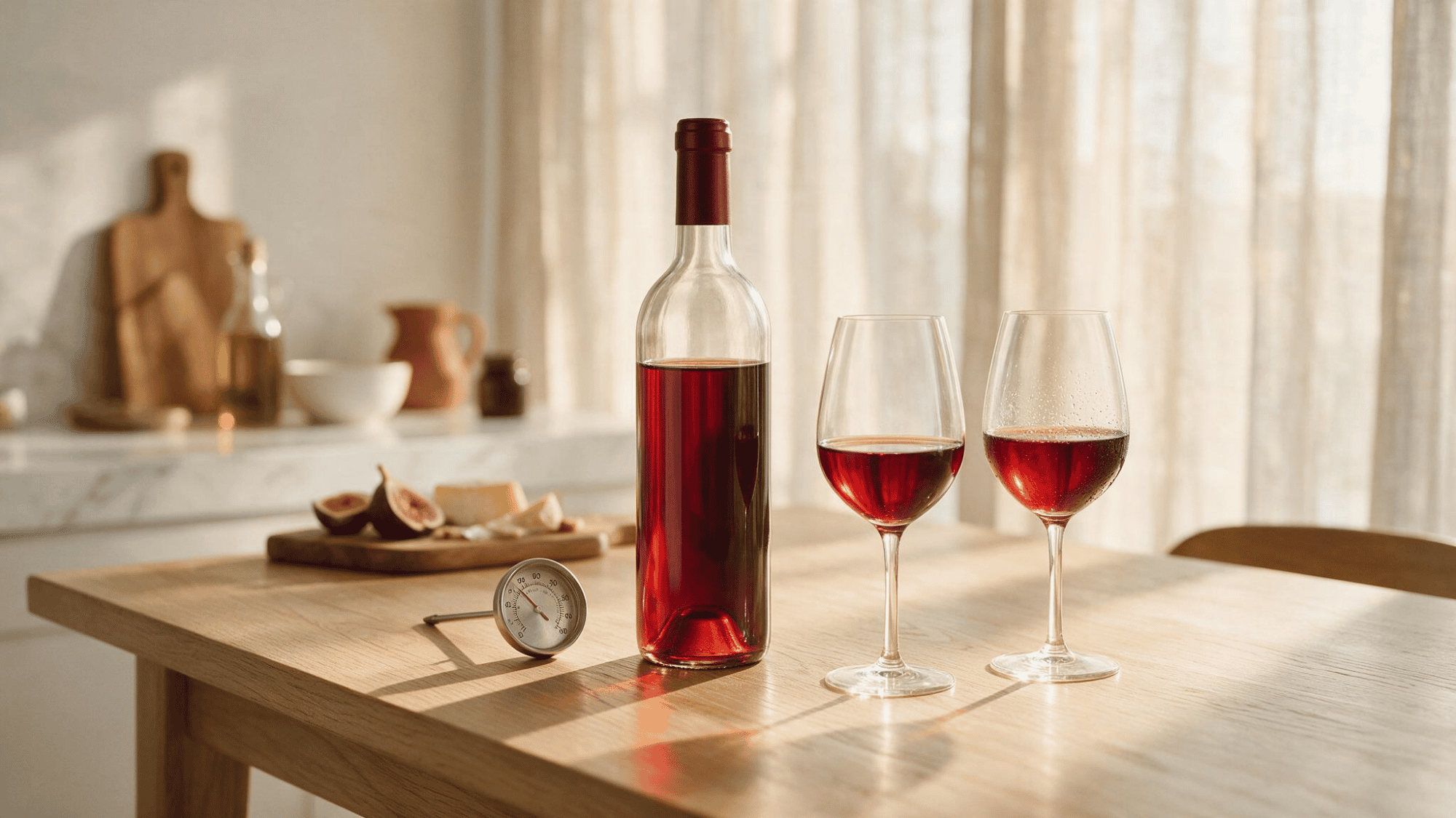 Lightly chilled glass of ruby red wine with condensation on a sunlit oak table beside a cheese board