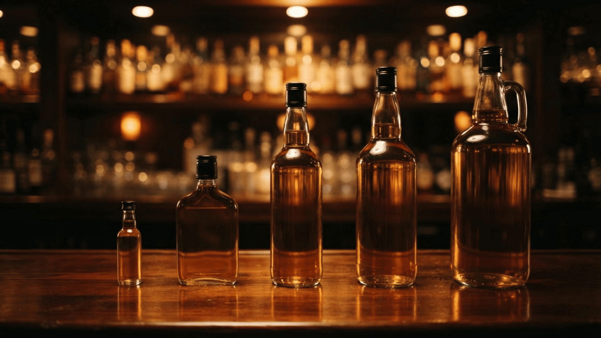 liquor bottles in several sizes lined up on a wooden bar with warm lighting